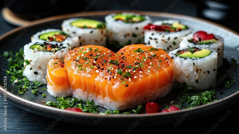 Heart-shaped salmon sushi, maki rolls, dark table