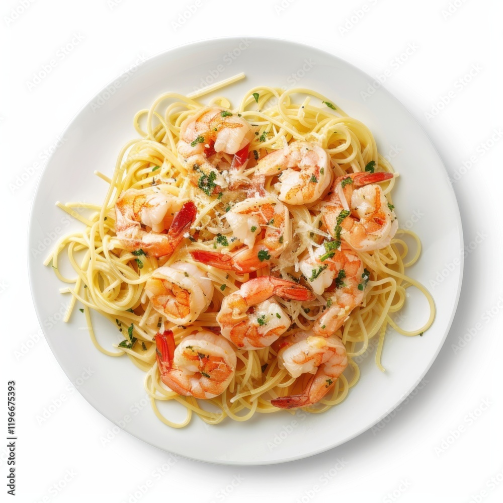 A plate of shrimp scampi with garlic butter sauce, served with linguine pasta, isolated white background A plate of shrimp scampi with garlic butter sauce, served with linguine pasta, isolated white background