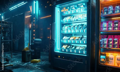 Futuristic vending machines illuminated at night in a neon-lit urban alley, showcasing various products with a tech ambiance