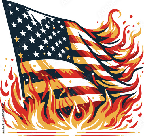 American flag on fire Style fire tshirt design style logo light background