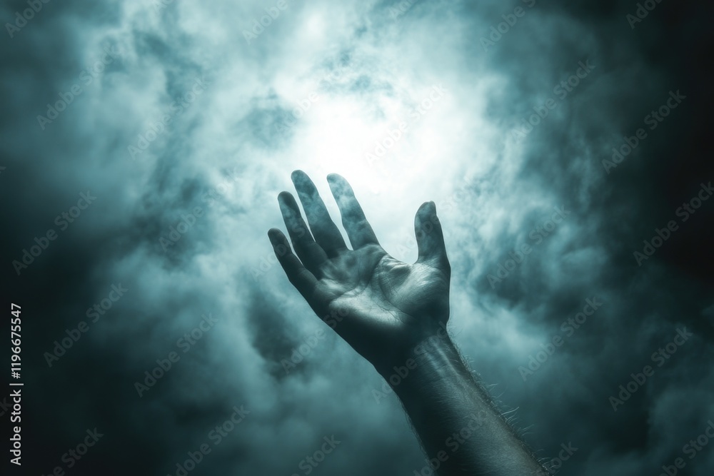 Hands reaching through storm clouds towards ethereal light, representing a mystical connection or search for spirituality. Hands reaching through storm clouds towards ethereal light, representing a mystical connection or search for spirituality.