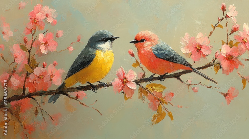 Spring birds perched on blossom branch, romantic art print Spring birds perched on blossom branch, romantic art print
