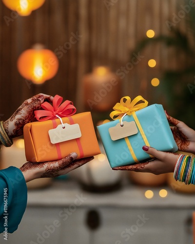 People share colorful presents adorned with Eid Mubarak tags, showcasing traditional henna designs and vibrant bangles, creating a joyful atmosphere of giving and celebration photo