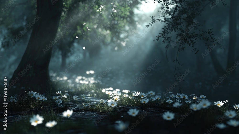 Sunbeams illuminate a misty forest path strewn with white wildflowers. Sunbeams illuminate a misty forest path strewn with white wildflowers.