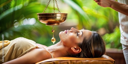 Close-up profile of a woman receiving Ayurvedic Shirodhara treatment , Ayurveda, wellness, spa, relaxation