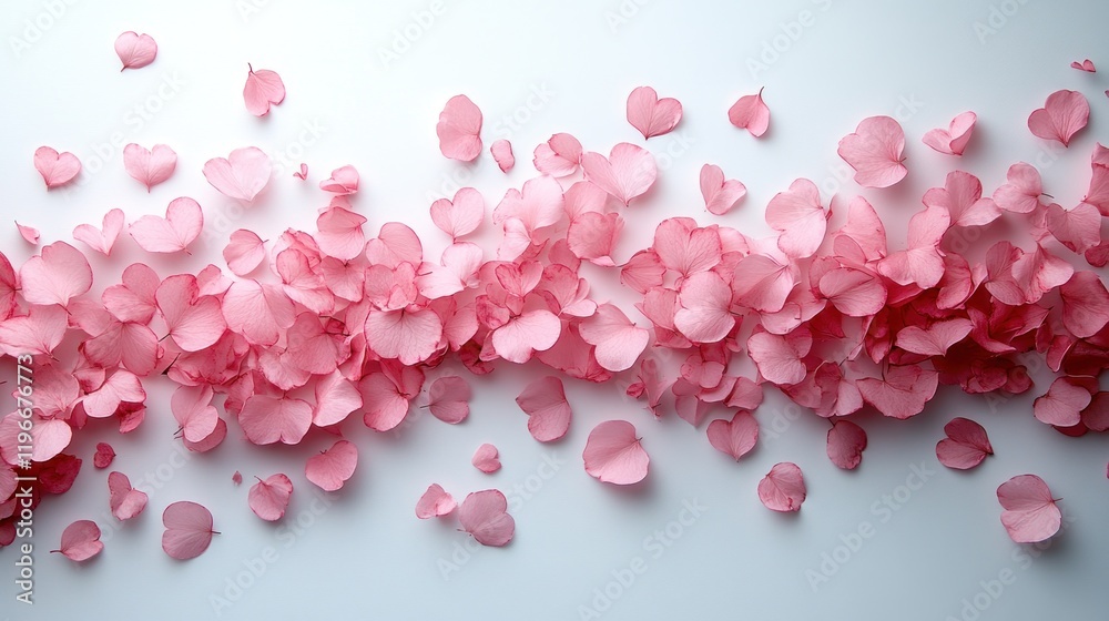 Fototapeta premium Pink petals stream, white background, romantic design, website banner