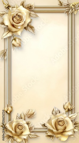 Golden rose frame, beige background, elegant design, wedding invitation template