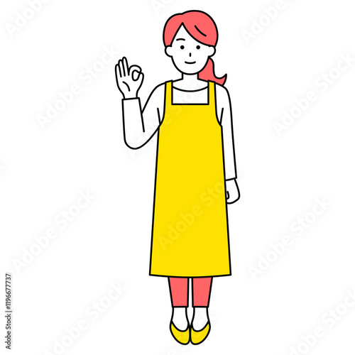 OKサインをするエプロン姿の女性（全身）