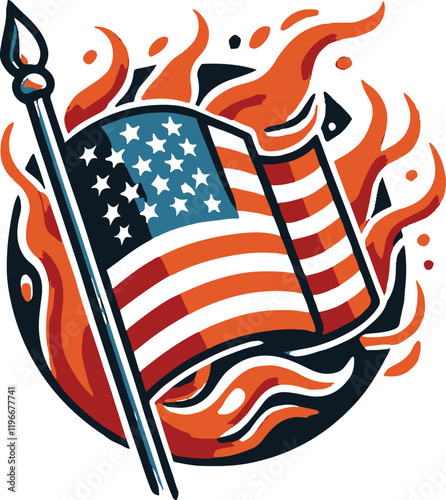 American flag on fire Style fire tshirt design style logo light background