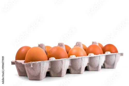 ten brown eggs in a tray. for use in cooking articles, health promotions, or food packaging. photo