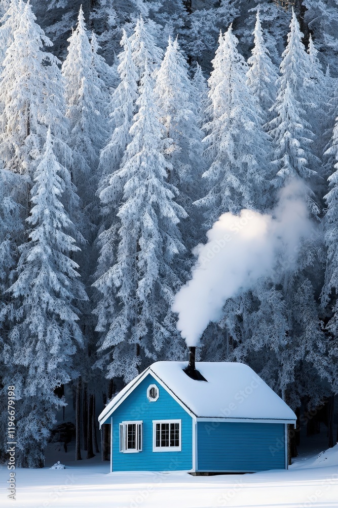 House with chimney smoke in snowy forest during winter, serene cabin retreat in the woodland, cozy home surrounded by tall evergreen trees, peaceful nature escape. House with chimney smoke in snowy forest during winter, serene cabin retreat in the woodland, cozy home surrounded by tall evergreen trees, peaceful nature escape.