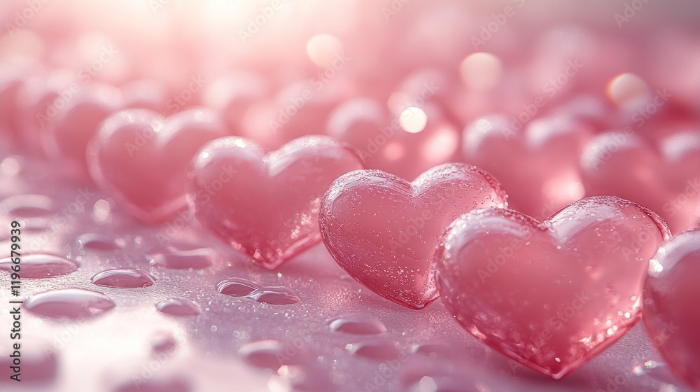 Obraz premium Pink hearts, dewy surface, sunlit background, Valentine's card