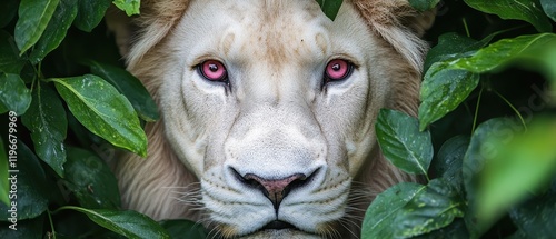 Lion emerging from lush greenery, showcasing majestic features and striking eyes, highlighting wildlife beauty and natural habitat in a serene jungle setting. photo