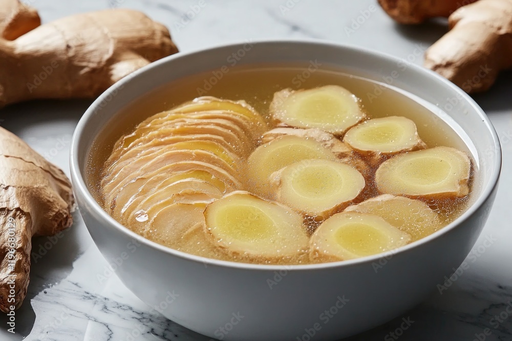 Warm ginger tea in bowl, showcasing sliced roots, evokes comfort Warm ginger tea in bowl, showcasing sliced roots, evokes comfort