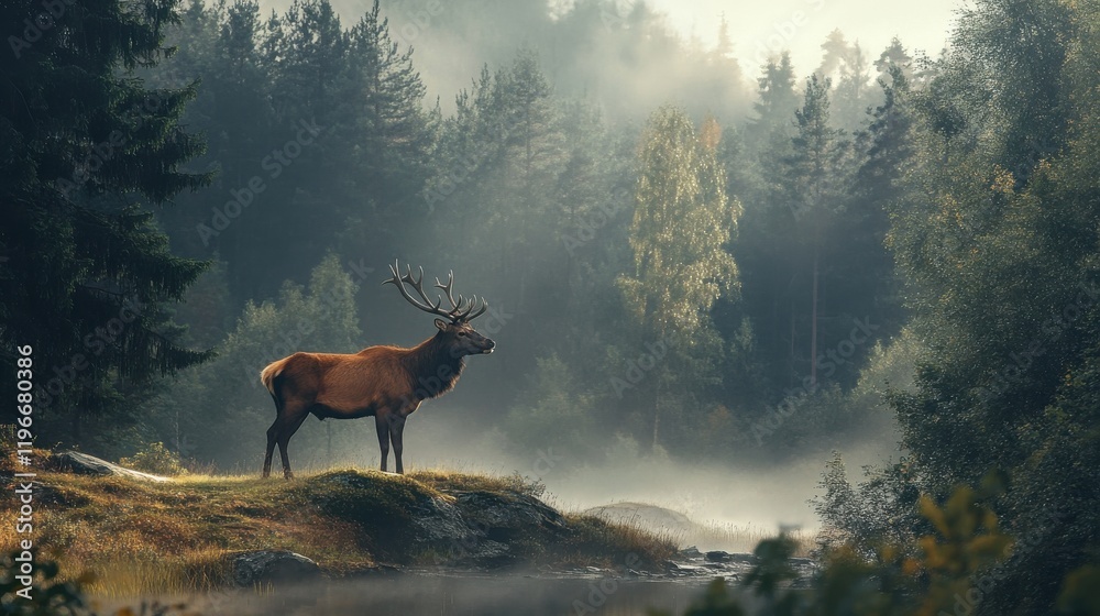 Fototapeta premium Majestic stag in a misty forest.