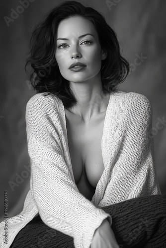Model in a studio setting wearing a cozy sweater, posing elegantly with a natural expression, showcasing intimate fashion and monochrome photography aesthetic.