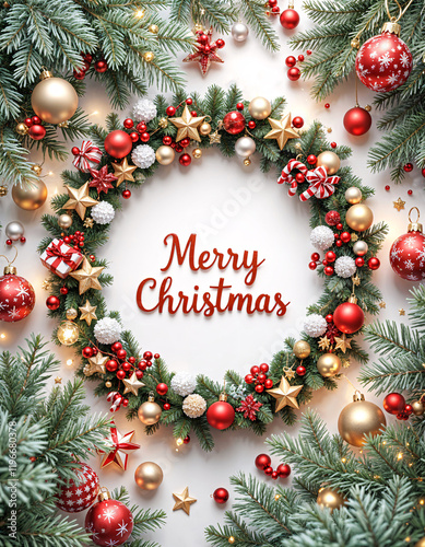Festive Christmas wreath, ornaments, lights, white background, holiday greeting