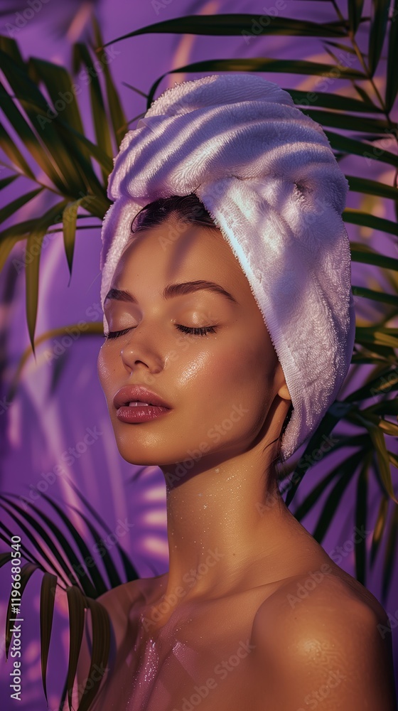 Fototapeta premium Charming woman with towel on head and radiant skin enjoying spa relaxation. Purple background with palm leaves, ideal for cosmetic product banners and beauty services.