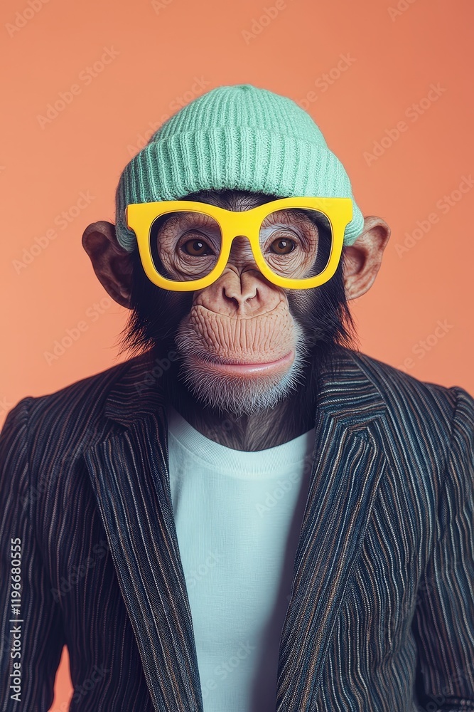 Fototapeta premium Monkey in a stylish outfit wearing glasses and a beanie, posing against an orange background, showcasing fun and quirky fashion trends in animal photography.