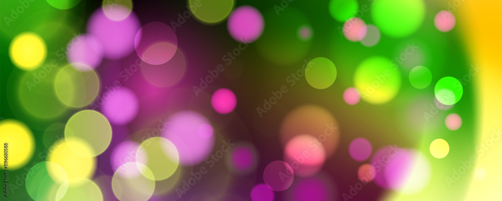Mardi Gras festive background. Blurred bokeh lights and vibrant color gradients. Graphic template for Fat Tuesday celebration. Vector illustration.