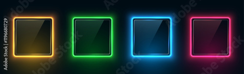 Set of neon square frames with glass. Glowing gradient borders, colorful night banners isolated on dark background. Vector 3d illustration.
