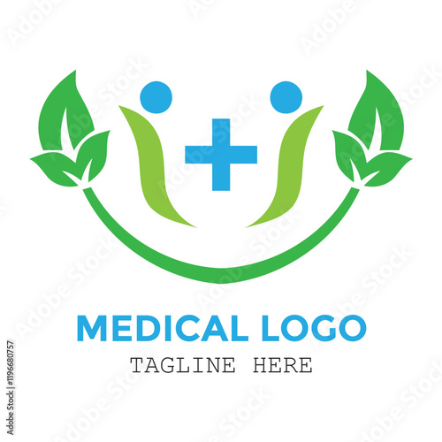 Simple green leaf medical sign and hospital logo design