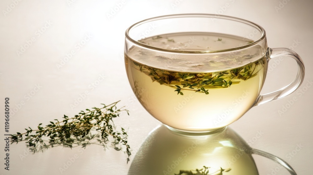 Warm herbal tea in glass cup highlights fresh thyme leaves float Warm herbal tea in glass cup highlights fresh thyme leaves float