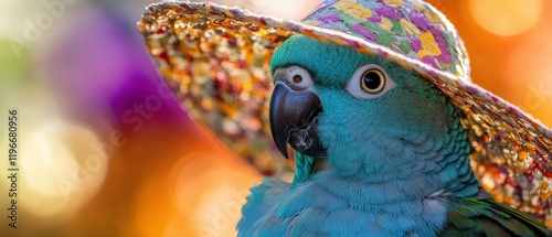 Parrot wearing a colorful hat against a blurred vibrant background, showcasing tropical themes and wildlife in joyful, festive outdoor settings. photo