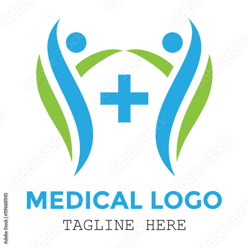 Two people medical care blue sign with green leaf modern logo design
