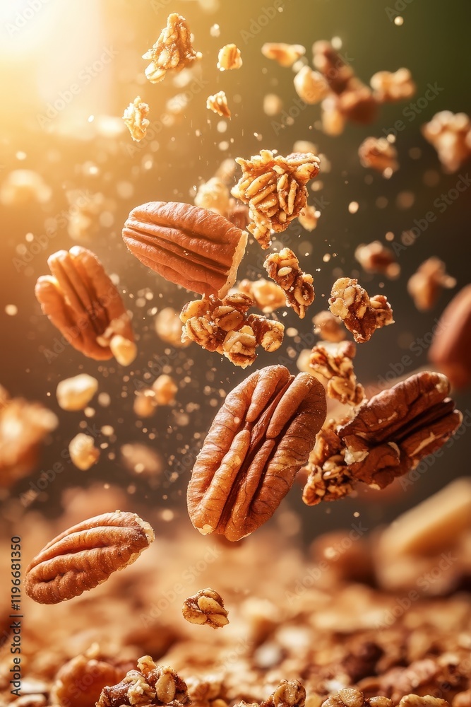 Pecans, granola, and natural ingredients floating in a vibrant setting. Healthy snack options, culinary creativity, and nutrition for lifestyle enthusiasts. Pecans, granola, and natural ingredients floating in a vibrant setting. Healthy snack options, culinary creativity, and nutrition for lifestyle enthusiasts.