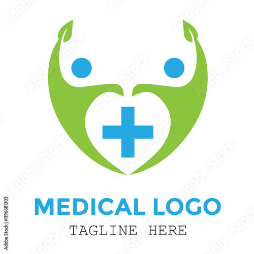 Two people safe medical medicine symbol with healthy care logo design