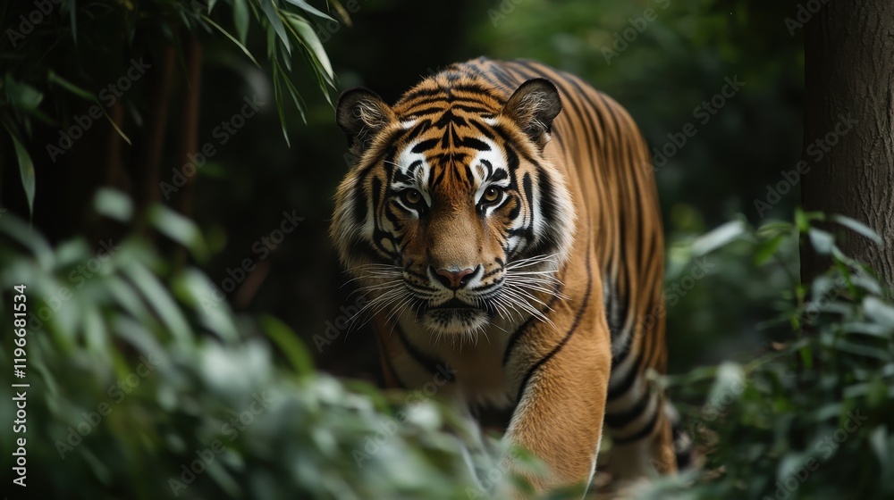 Fototapeta premium Majestic tiger emerges from lush green foliage.