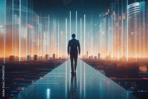 A lone businessman walks towards a futuristic cityscape, illuminated by vibrant neon lights, representing progress and ambition in a technological era.