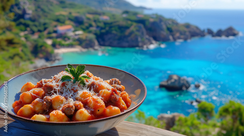 Bowl of Malloreddus (Sardinian gnocchi) in a tomato and sausage sauce, Pecorino Sardo cheese with the background of coastline of Sardinia, Italian  cuisine, Sardinian pasta