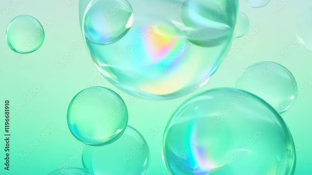 Abstract animation of iridescent bubbles floating on a gradient background of mint green and light gray.  Perfect for relaxation videos, presentations, or modern app interfaces.