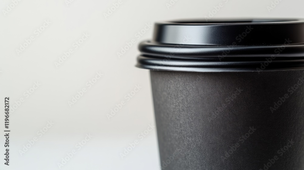 Close-up of a black disposable coffee cup with lid. Close-up of a black disposable coffee cup with lid.