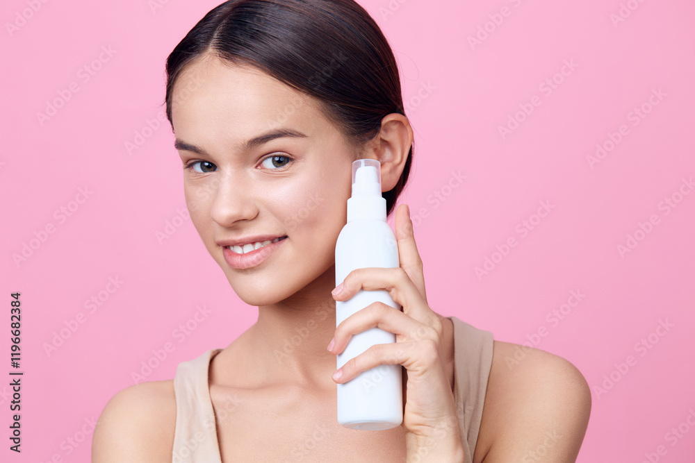 Young woman holding a skincare product against a pink background, exhibiting a joyful expression, embodying beauty and self care Young woman holding a skincare product against a pink background, exhibiting a joyful expression, embodying beauty and self care
