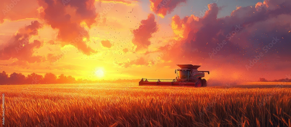 Fototapeta premium Stunning Sunset Over Golden Wheat Field with Combine Harvester Capturing the Beauty of Agriculture and Nature in Harmony