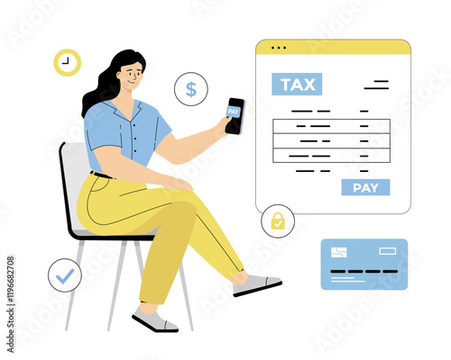 Online tax payment. Personal financial account. Woman pay tax bill online on the website form. Vector illustration on isolated white background.	