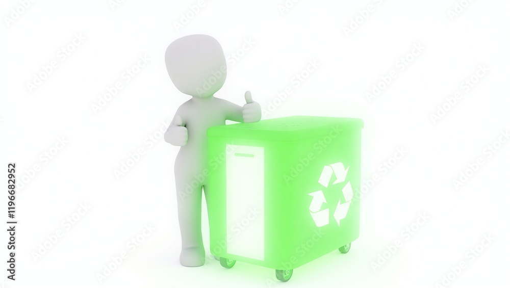 A 3D character approves a green recycling bin A 3D character approves a green recycling bin