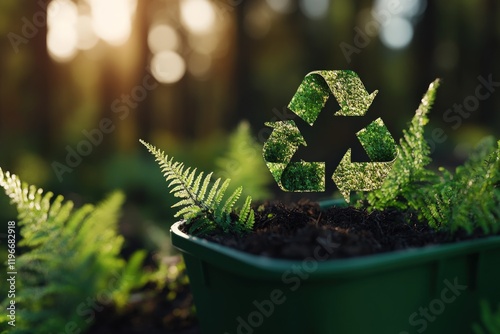 Recycle Symbol in a Green Potted Fern, Nature's Renewal