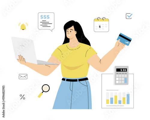 Online tax payment. Data analysis, paperwork, financial research, report. Young woman pay tax bills online on the website form via laptop. Vector illustration on isolated white background.	