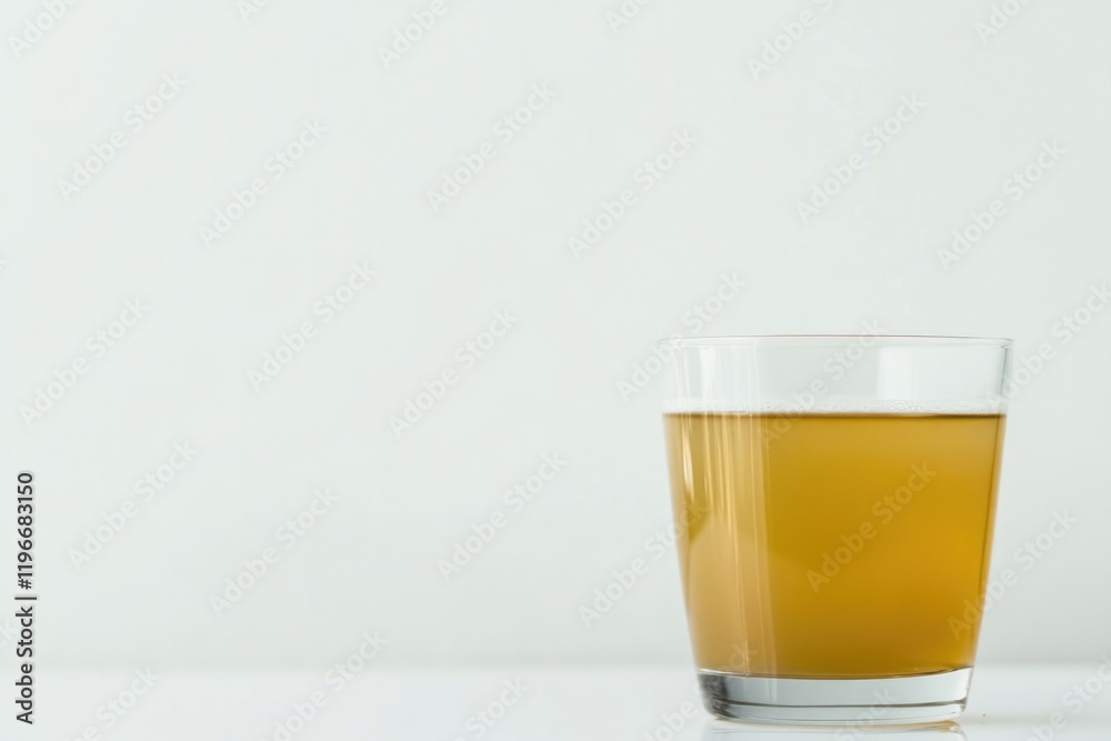Clear glass filled with golden beverage against minimalist backg Clear glass filled with golden beverage against minimalist backg