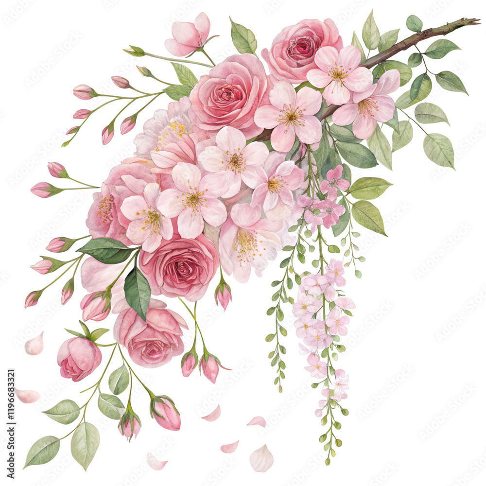 Fototapeta premium A vibrant arrangement of pink roses and delicate blossoms, showcasing a lush mix of petals and greenery in a beautiful floral design.