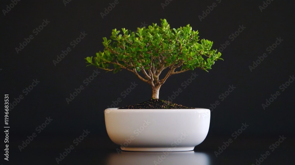 A delicate bonsai tree in a white porcelain pot, placed on a matte black background A delicate bonsai tree in a white porcelain pot, placed on a matte black background