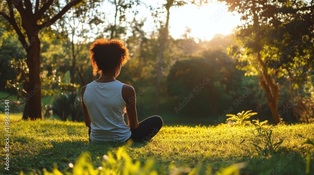 Fototapeta premium Serene Sunset Meditation in a Lush Green Park
