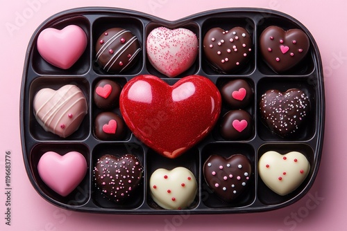 A heart-shaped chocolate box filled with red and pink candies on a light background. photo