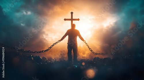 Salvation concept, man breaking from chains of sins, emerging into a bright and hopeful future. christian cross on the top, saved by religion photo