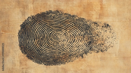 A fingerprint in bold black ink stamped onto a textured paper background with a sepia tone