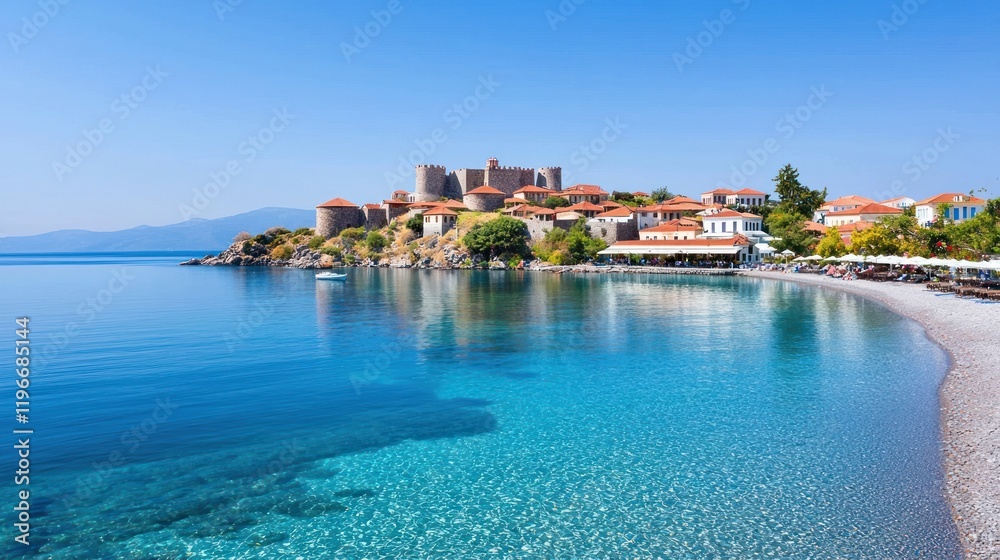 Fototapeta premium Coastal Town with Castle and Turquoise Sea